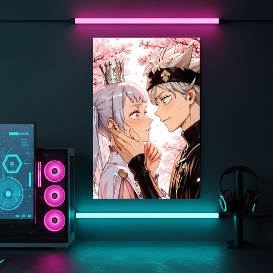 Black Clover Asta Noelle Cherry Blossom Kiss Metal Poster – Romantic Crown Art