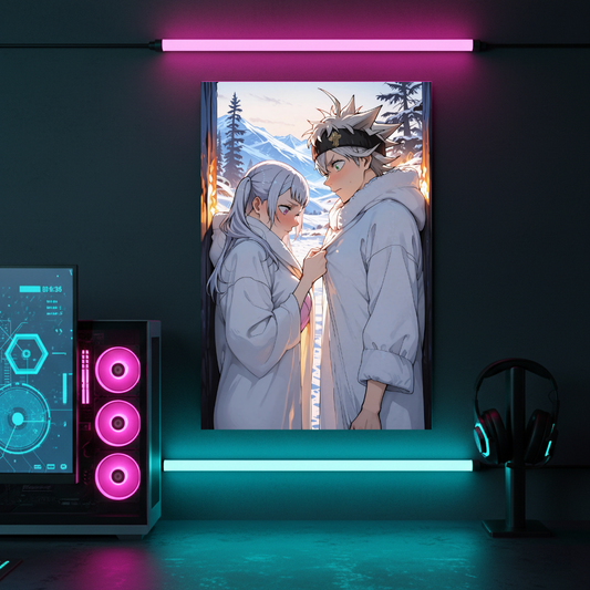 Black Clover Asta Noelle Winter Snow Romantic Metal Poster – Cozy Couple Art