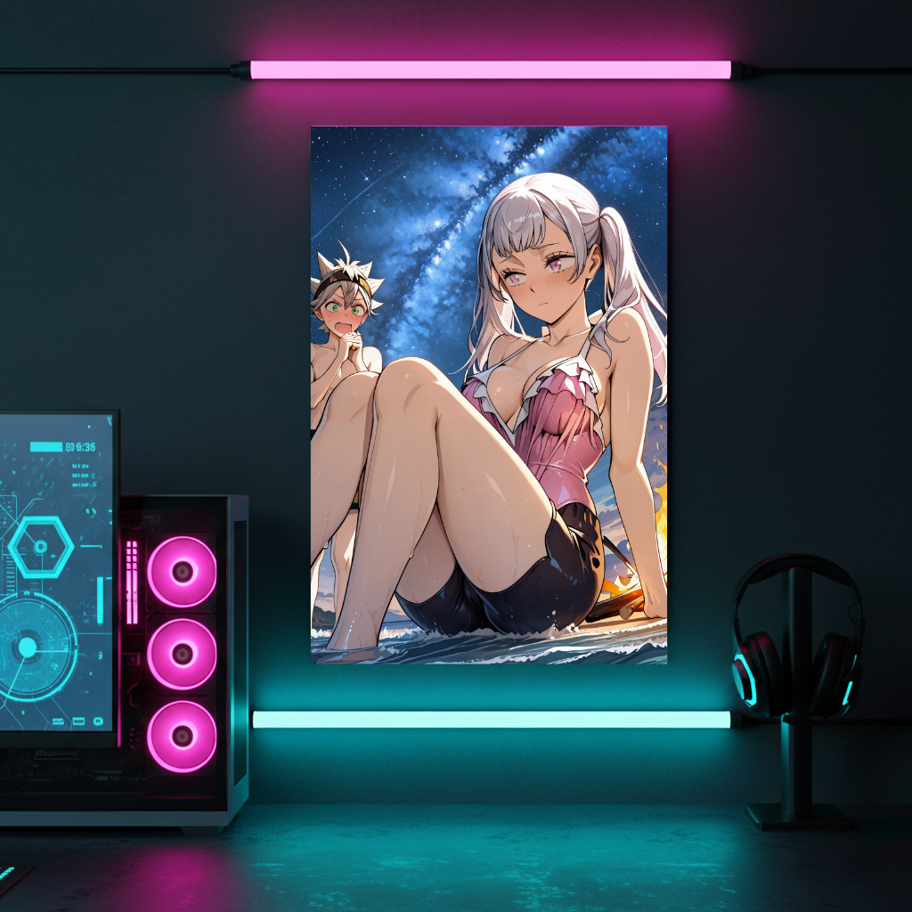 Black Clover Asta Noelle Hot Spring Night Metal Poster – Romantic Beach Couple Art