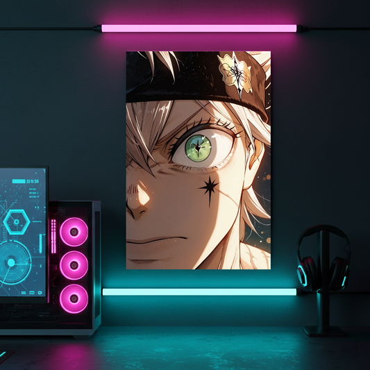 Black Clover Asta Green Eye Star Mark Metal Poster – Intense Close-Up Art