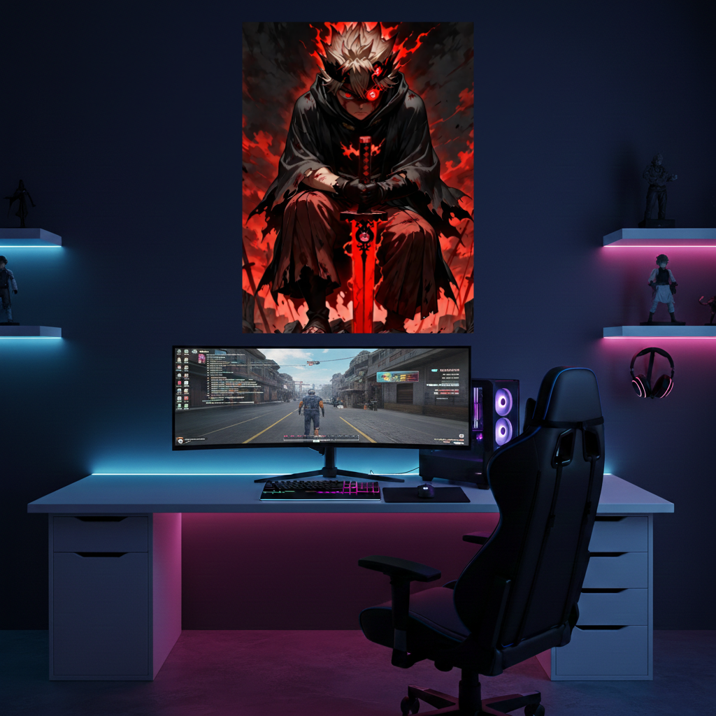 Black Clover Asta Devil Union Metal Poster – Red Flame Intense Art