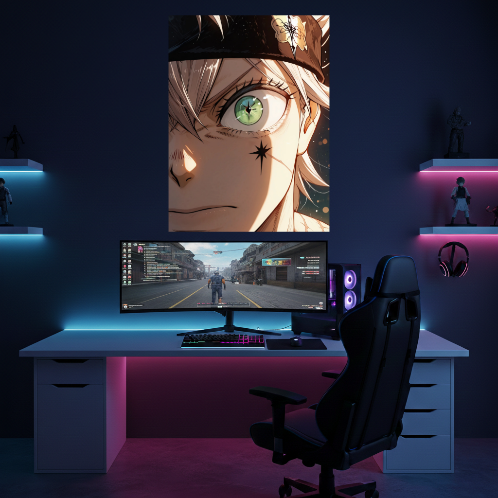 Black Clover Asta Green Eye Star Mark Metal Poster – Intense Close-Up Art