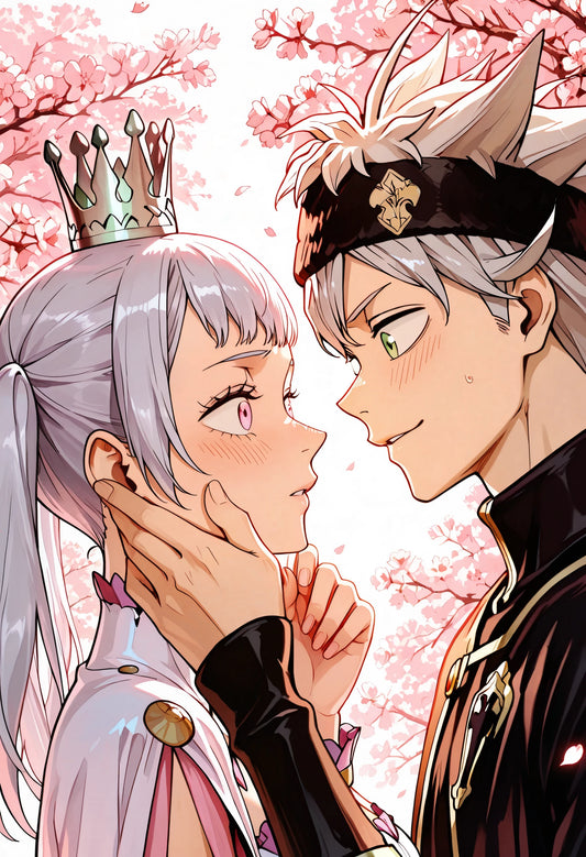 Black Clover Asta Noelle Cherry Blossom Kiss Metal Poster – Romantic Crown Art