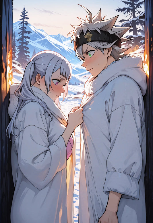 Black Clover Asta Noelle Winter Snow Romantic Metal Poster – Cozy Couple Art