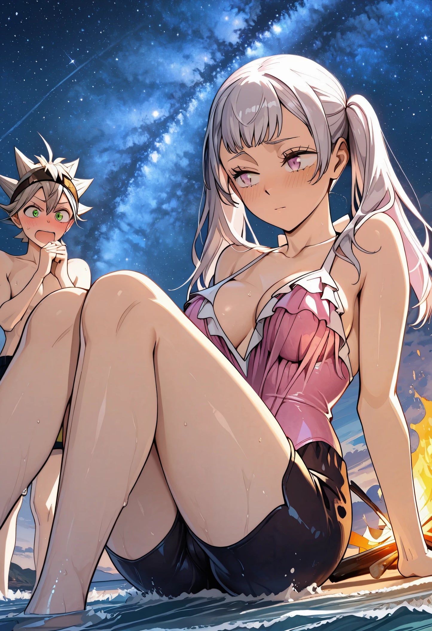 Black Clover Asta Noelle Hot Spring Night Metal Poster – Romantic Beach Couple Art