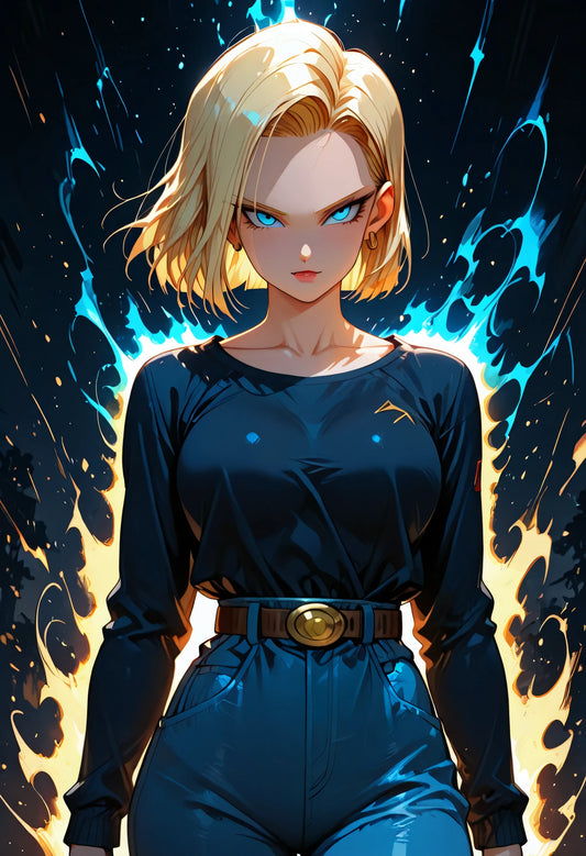 Android 18 (C-18) – Infinite Blue Energy | Premium Metall Displate | Dragon Ball Z Waifu Wandkunst & Magnet-Poster